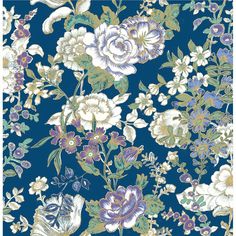 a blue floral wallpaper with white and purple flowers on the bottom half of it