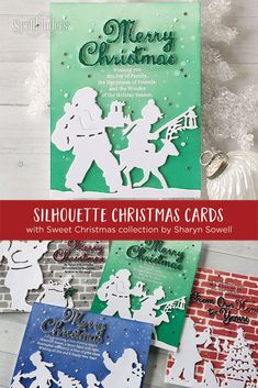 the silhouette christmas cards are on display in front of a brick wall with snowflakes