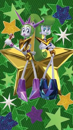 an image of two cartoon characters on top of a star shaped origami background