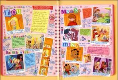 an open children's book with pictures and words on the pages, including cartoon characters