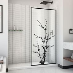 a bathroom with a tree in the shower