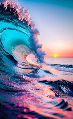 an ocean wave with the sun setting in the backgroung and pink hues