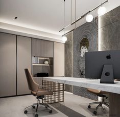 an office with a desk, chair and computer monitor on the table in front of it