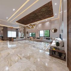 a large living room with marble floors and walls