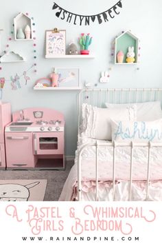 Pastels, unicorns, kawaii, and whimsical decor in this beautiful modern girls bedroom. Toddler or big girls will love the pink, blue, white, and grey colors of bunnies, clouds, baby dolls, and ruffles in this sweet and magical kids bedroom. Girls Bedroom Toddler, Modern Girls Bedroom, Whimsical Girls Bedroom, Room Rain, Umpa Lumpa, Unicorn Room, Stylish Bedroom Design, Big Girl Bedrooms, Princess Bedroom