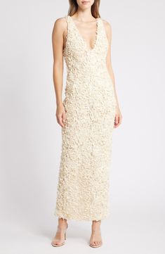 HOUSE OF CB Carena 3D Floral Appliqué Plunge Neck Gown | Nordstrom House Of Cb Dresses Floral, White Flower Dress, Fall Wardrobe Essentials, House Of Cb Dresses, Summer Wardrobe Essentials, Nude Dress, Wedding Guest Shoes, 3d Rose, Bridal Inspo