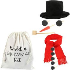 a snowman kit with a black hat, scarf and broom