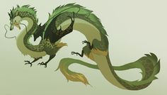 a green and yellow dragon flying through the air with its tail curled up to it's head