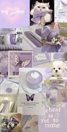 a collage of photos with purple and white colors