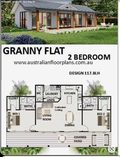 the grannyy flat 2 bedroom floor plan is shown in two different colors and sizes