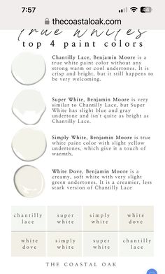 some white paint colors are shown in this info sheet for the coastal oak company's website