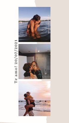 three different pictures with the same person hugging each other and one woman in the water