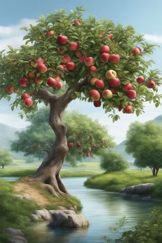 an apple tree with lots of fruit growing on it's branches next to a river