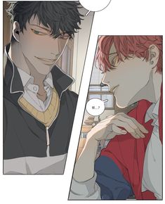 an image of two anime characters one with red hair and the other with black hair