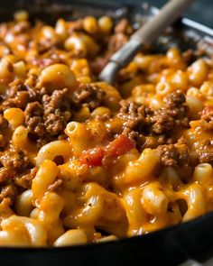 a skillet filled with macaroni and cheese