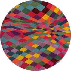 a round rug with multicolored squares on it