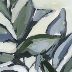 an abstract painting of green and white leaves