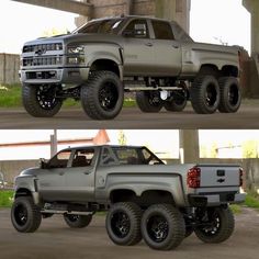 two pictures of the same truck in different positions, one is gray and the other is black