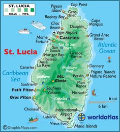 a map of st lucia with the capital and major cities on it's side