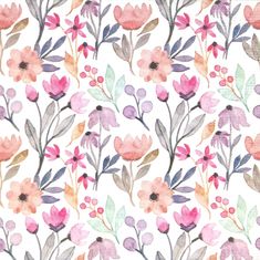 watercolor floral pattern with pink flowers and green leaves on white background for wallpaper