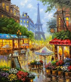 a painting of the eiffel tower in paris on a rainy day with potted plants and flowers