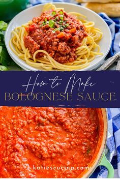 spaghetti sauce in a white bowl on top of a blue and white towel with the title how to make bolognesiane sauce