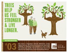 two people standing next to each other in front of trees with the words tree help us feel stronger and live longer