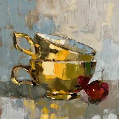 a painting of two golden cups and one red apple