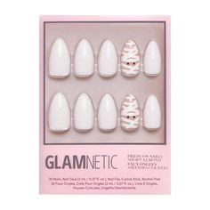 We are simplied mummified by the adorable Wrapped Up Nail Set! This short almond design keeps it minimal-chic with a solid-white design and accent nails adorned with the cutest little mummy face that will be sure to unravel all the complliments this season. Best Press On Nails Short, Pink And White Nail Designs, Pink And White Nails, Pink White Nails, Teen Nails, Best Press On Nails, Kiss Products, Short Almond, White Nail Designs