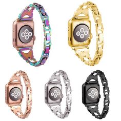 four different styles of watches with metal bracelets on each one and an apple watch in the