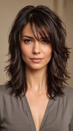 Messy Layered Hair With Bangs, Dark Brown Hair With Highlights For Women Over 50, Short Shag Haircuts For Straight Hair, Hair Cuts With Face Framing Layers, Short Layers On Top Long On Bottom Hair, Long Layers For Fine Hair, V Haircut For Medium Hair, Medium Hair With Bangs And Layers, Layered Shaggy Hair