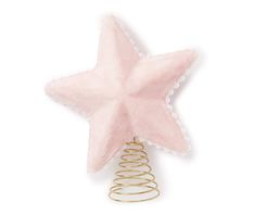 a pink star ornament on top of a spiral wire tree decoration with pearls