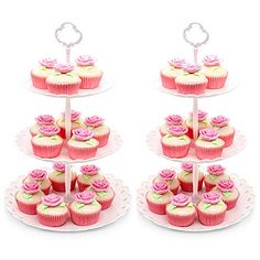 three tiered cupcake stand with pink and white frosting roses on each tier