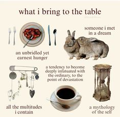 an image of what i bring to the table with rabbits and other things on it