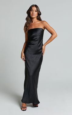 Charlita Maxi Dress - Strapless Cowl Back Satin Dress in Black | Showpo USA Black Formal Long Dresses, Strapless Satin Dress With Ruched Bodice For Formal Events, Formal Strapless Satin Dress With Ruched Bodice, Glamorous Strapless Satin Dress With Ruched Bodice, Sleek Satin Finish Maxi Dress For Prom, Sleek Satin Dress With Fitted Bodice, Satin Strapless Dress With Ruched Bodice For Date Night, Strapless Satin Dress With Ruched Bodice For Gala, Strapless Satin Finish Evening Dress For Formal Occasions