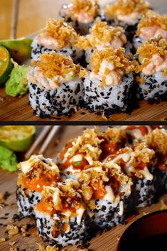 sushi with various toppings on a cutting board