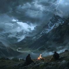 two people sitting around a campfire in the mountains under a stormy sky with lightning