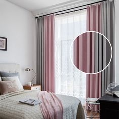 a bed room with a neatly made bed and pink drapes on the windowsill