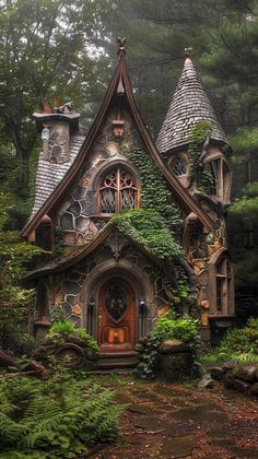 a house in the woods with ivy growing all over it's roof and windows