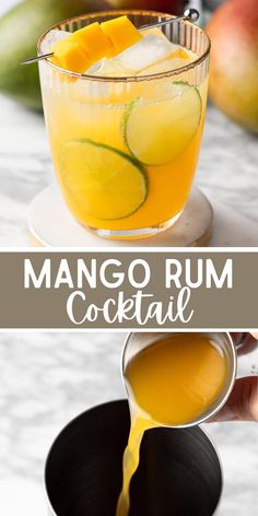 mango rum cocktail in a glass being poured into a bowl