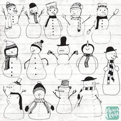 the snowmen are drawn in different styles and sizes