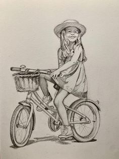 a drawing of a girl riding a bike with a basket on the handlebars