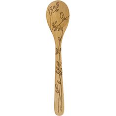 a wooden spoon with birds and flowers on the handle, sitting in front of a white background