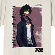 Join the League of Villains with this My Hero Academia tee. The shirt features an image of Dabi in a disintegrating purple box while black letters spell out, "League of Villains." The tee comes in a tofu short sleeve crew neck. My Hero Academia fans will love this comfy cotton t-shirt. The League Of Villains, My Hero Academia Dabi, League Of Villains, My Hero Academia Shirt, Black Letter, My Hero, Hero Academia, My Hero Academia, Cotton Tshirt