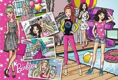 barbie dolls are standing on a dock in front of the water and balloons with pink stars