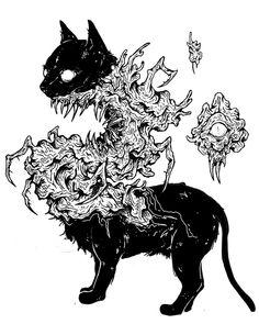 a black and white drawing of a cat with flowers on its back