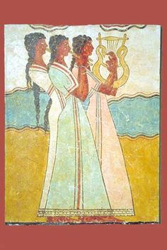 an ancient painting with two women holding a harp