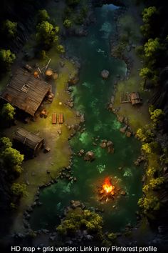 an aerial view of a river and some huts in the woods, with text that reads hd map + grid version link in my pinterest profile