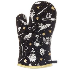 Immerse yourself in a Wizarding World of potion-making and baking creations with this Harry Potter oven mitt at your command. Black cotton oven mitt with a fun collage pattern in white and metallic gold features Hedwig, a Golden Snitch, the Hogwarts crest, Quidditch goals, the Sorting Hat and more. Harry Potter mitt makes a great gift idea for any bakerista fan. | Harry Potter oven mitt features a collage of iconic symbols and designs with gold thread accents and a hanging loop along the edge. | Harry Potter Kitchen Theme, Harry Potter Kitchen Target, Harry Potter Kitchen Decor, Harry Potter Queen Bedding, Harry Potter Blanket Target, Harry Potter Christmas Ornaments Target, Harry Potter Kitchen, Harry Potter Room Decor, Golden Snitch