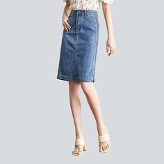 Add a touch of aged glamour to your wardrobe with our 2023 Spring-Summer Collection Knee-Length Casual Denim Skirt! Crafted with premium quality denim and featuring a distinctive distressed pattern. this midi skirt is designed to flatter your figure and ensure you stand out from the crowd.Why You'll Love It: High-Rise Design: A chic tall-waistline ensures you look on-vibe and feel relaxed all day. Versatile Style: Perfect for parties. festivals. or just casual days out. this skirt is the ultimat High Rise Skirt For Spring, Chic Non-stretch Mid-rise Skirt, Spring Non-stretch Denim Skirt, Non-stretch Dark Wash Denim Skirt For Summer, Non-stretch Denim Skirt For Summer, Summer Non-stretch Denim Skirt, Summer Denim Knee-length Skirt, Relaxed Fit Denim Skirt For Summer, Non-stretch Mid-rise Denim Skirt For Spring